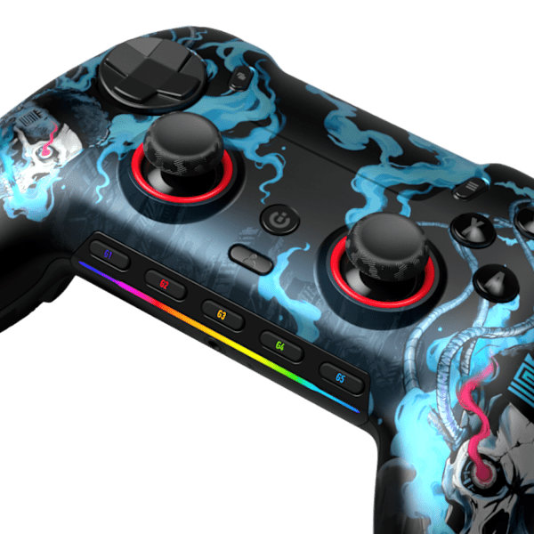 Close-up of the Swagg faceplate on the SCUF Envision Pro V2, showing the detailed blue artwork, red-ringed thumbsticks and RGB lighting strip.