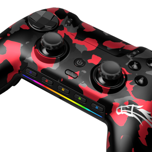 Close-up of the ZooMaa camo faceplate on the SCUF Envision Pro V2, showing the thumbsticks, RGB lighting strip and white ZooMaa logo.