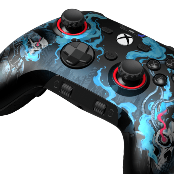 Close-up of the Swagg faceplate on the SCUF Valor Pro Wireless, showing the detailed blue artwork, Xbox button, D-pad and red-ringed thumbsticks.