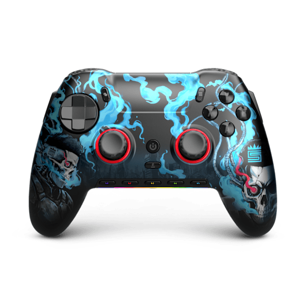 Front of the SCUF Envision Pro V2 Swagg controller, with a black faceplate covered in blue swirling artwork, red-ringed thumbsticks and an RGB lighting strip.