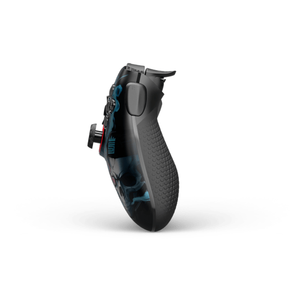 Side view of the SCUF Envision Pro V2 Swagg controller, showing the grip, triggers and the edge of the blue and black faceplate.