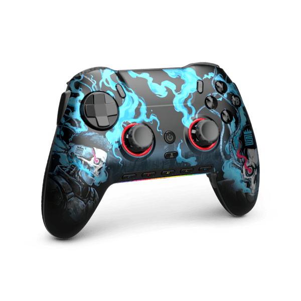 Three-quarter view of the SCUF Envision Pro V2 Swagg controller with blue and black artwork and red-ringed thumbsticks.