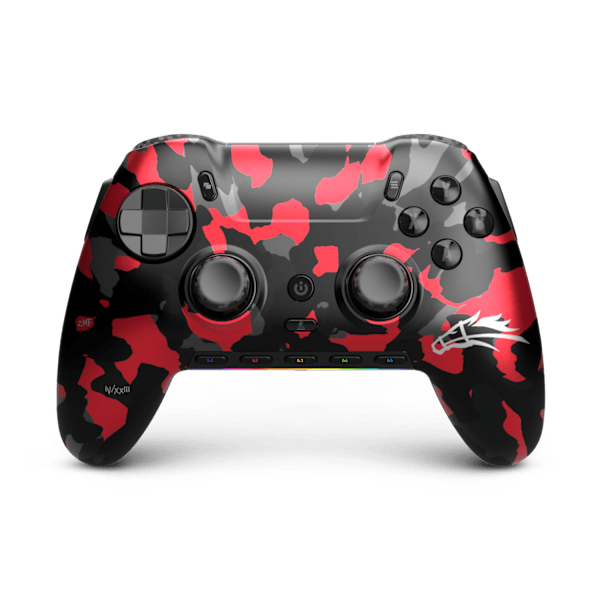 Front of the SCUF Envision Pro V2 controller in the ZooMaa design, with a red, gray and black camo faceplate and white ZooMaa logo.