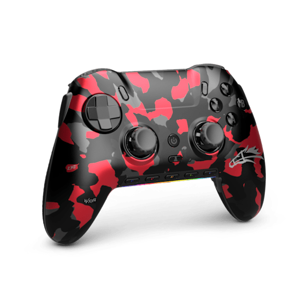 Three-quarter view of the SCUF Envision Pro V2 ZooMaa controller with a red, gray and black camo faceplate.