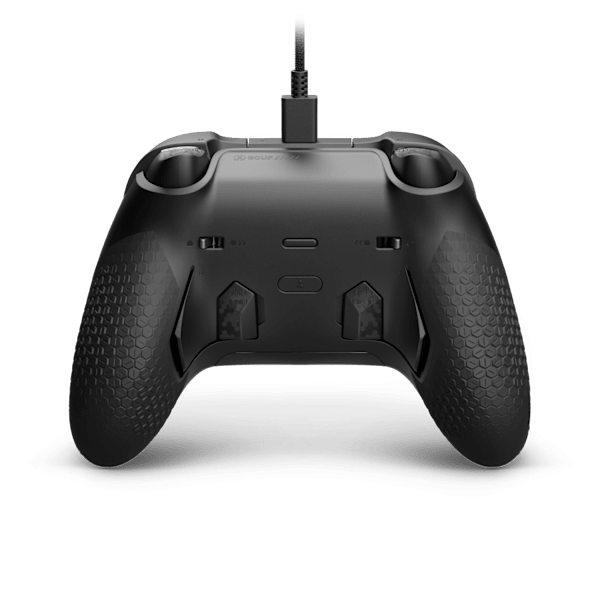 Back of the SCUF Nemesis Pro 8K PC Wired controller, showing the black textured grips, rear paddles and attached cable.