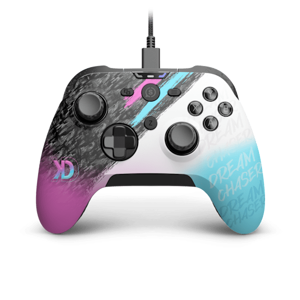Front of the SCUF Nemesis Pro 8K PC Wired controller in the Dekii design, with a white, pink and cyan faceplate featuring black textured graphics, the Dekii logo and hand-lettered text.