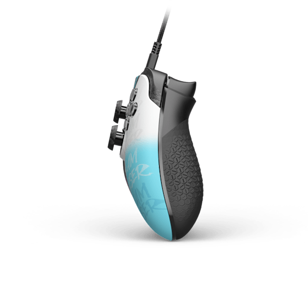 	Side view of the SCUF Nemesis Pro 8K PC Wired Dekii controller, showing the grip, triggers and pink-to-cyan faceplate.