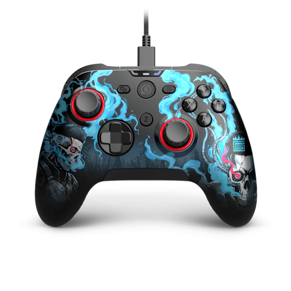 SCUF Nemesis Pro 8K PC Wired Controller Swagg, front view with black and blue swirl artwork and red thumbstick rings