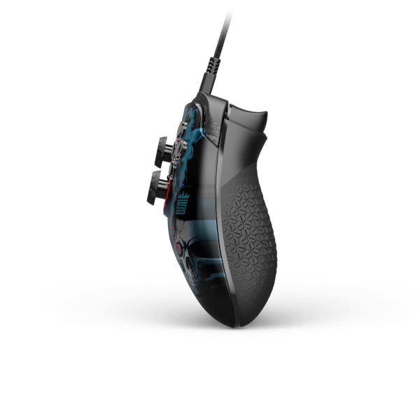 Side view of the SCUF Nemesis Pro 8K PC Wired Controller Swagg, showing the blue artwork grip and rear paddles