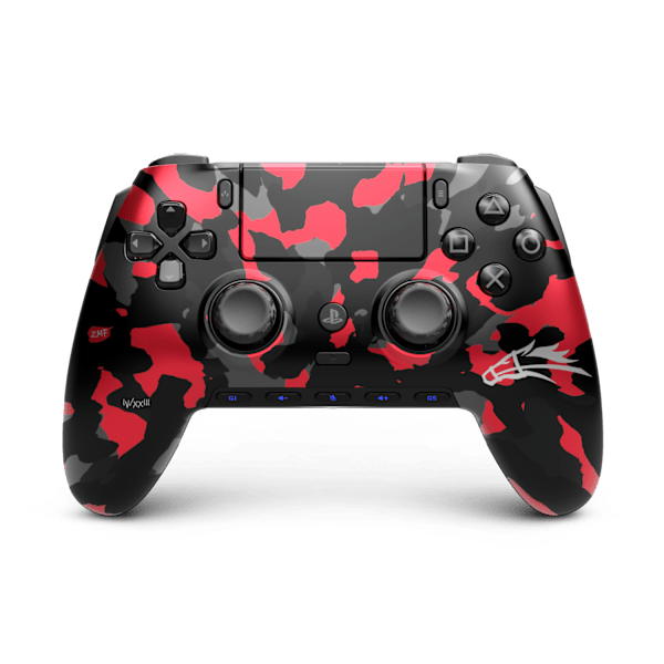 Front of the SCUF Omega Zoomaa PS5 controller with a red and black camo faceplate.