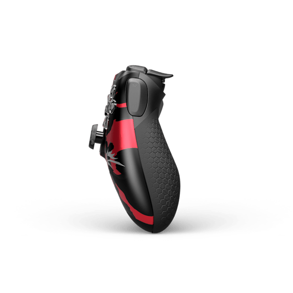 Side view of the SCUF Omega Zoomaa PS5 controller, showing the grip, trigger and red camo faceplate edge.