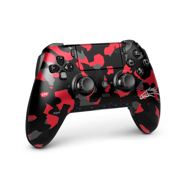 Three-quarter view of the SCUF Omega Zoomaa PS5 controller with a red and black camo faceplate.
