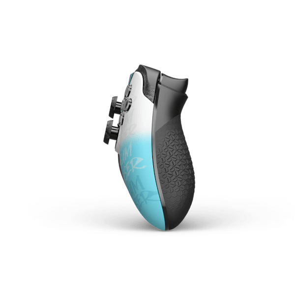 Side view of the SCUF Nemesis Pro 8K PC Wireless Controller Dekii, showing the cyan grip and rear paddles