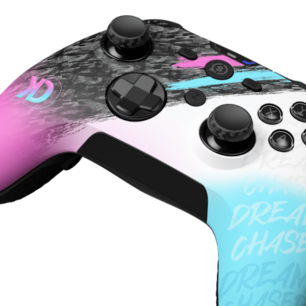 Close-up of the SCUF Nemesis Pro 8K Dekii faceplate, showing the Dekii logo, pink and cyan stripes and “Dream Chase” script