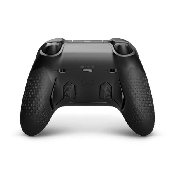 	Back of the SCUF Valor Pro Wireless controller, showing the black textured grips and rear paddles.