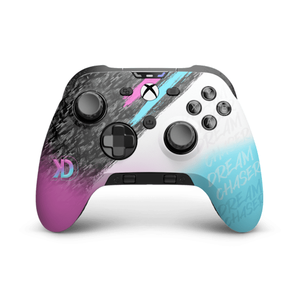 Front of the SCUF Valor Pro Wireless Dekii controller, with a white, pink and cyan faceplate featuring black textured graphics, the Dekii logo and hand-lettered text.