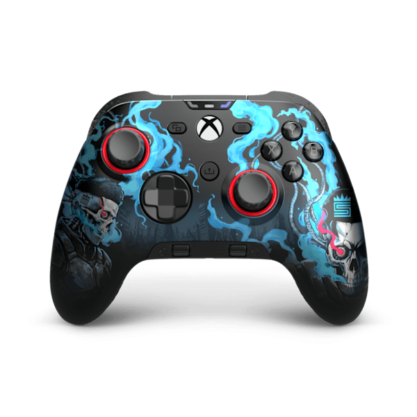 Front of the SCUF Valor Pro Wireless Swagg controller, with a black faceplate covered in blue swirling artwork and red-ringed thumbsticks.