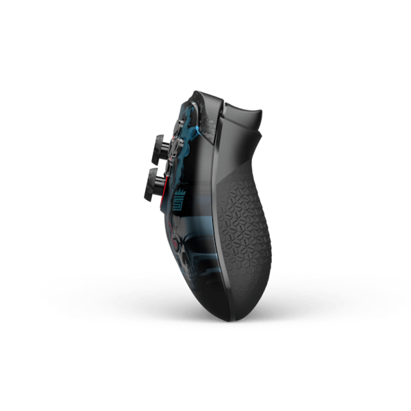 Side view of the SCUF Valor Pro Wireless Swagg controller, showing the grip, triggers and the edge of the blue and black faceplate.