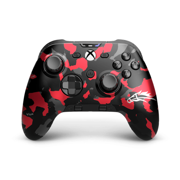 Front of the SCUF Valor Pro Wireless controller in the ZooMaa design, with a red, gray and black camo faceplate and white ZooMaa logo.