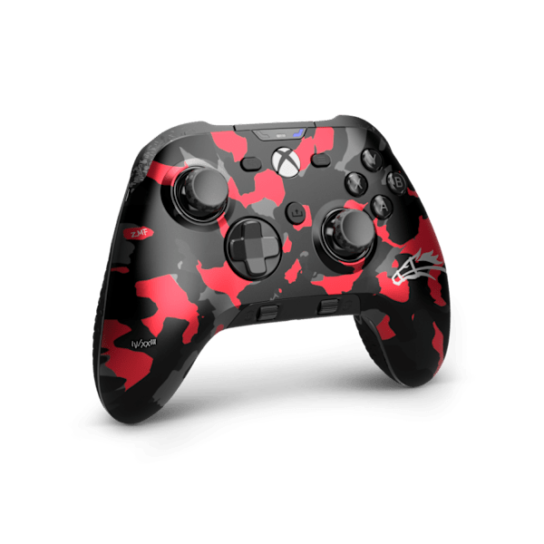 Three-quarter view of the SCUF Valor Pro Wireless ZooMaa controller with a red, gray and black camo faceplate.
